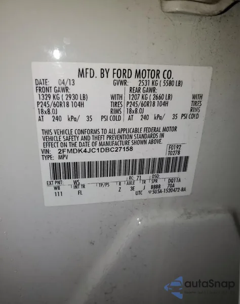 2013 Ford Edge Sel из США, поврежденный, VIN 2FMDK4JC1DBC27158